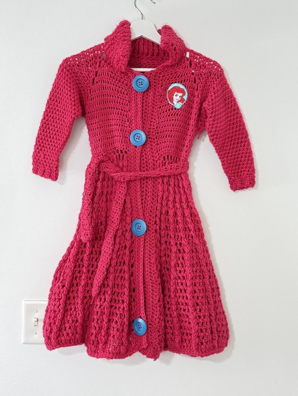 Handmade Disney Ariel Little Mermaid Girls Cardigan Trench Coat Crochet Pink 7/8